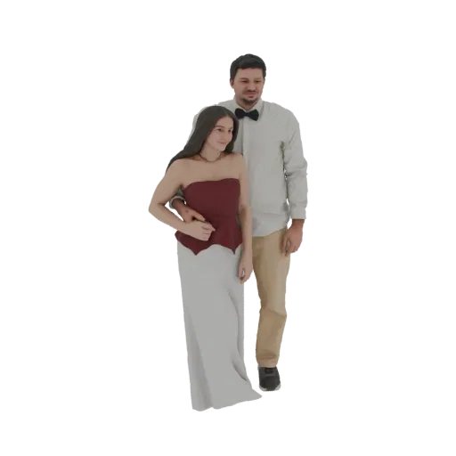 3D model of a man in a dress shirt and bow tie with his arm around a woman in a strapless gown.
