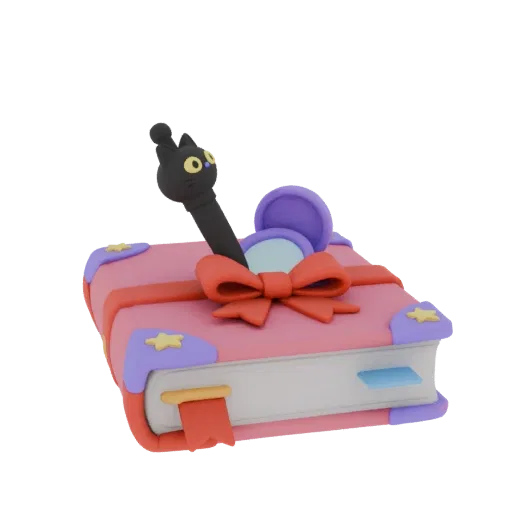 3D model magic diary with pink cover, red bow, cat pen, and stars