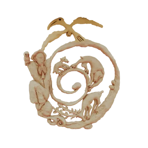 3D model of a 'Spiral of Life' sculpture with a human figure, dogs, and a bird in a swirling design.
