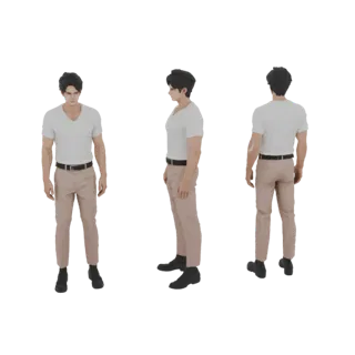 Modello 3D di un giovane con maglietta bianca scollo a V e pantaloni beige, mostrato da viste frontale, laterale e posteriore