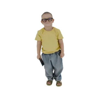 Modello 3D di un ragazzo con occhiali dalla montatura nera, che indossa una maglietta gialla e jeans blu, tenendo un libro.