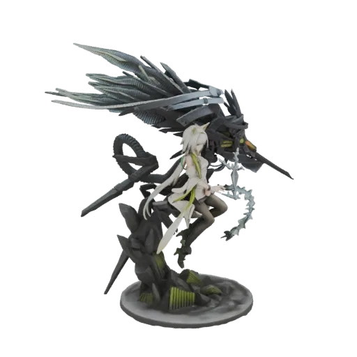 3D model of a cybernetic anime warrior with large mechanical wings, standing on a rocky base with green accents.