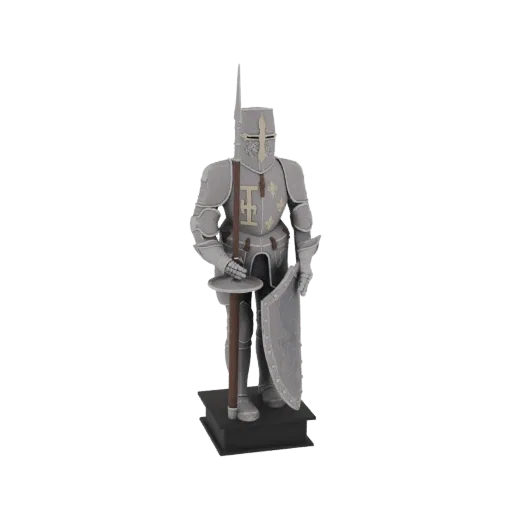 3D model of a medieval knight in full armor, holding a sword and shield, standing on a pedestal.