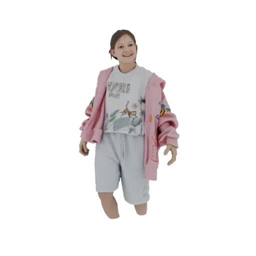 3D model of a young girl smiling, wearing a pink hoodie over a graphic t-shirt and light blue shorts.