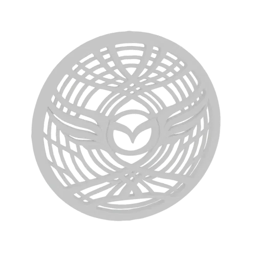 3D model render of the Mazda logo emblem, a silver stylized wing inside a circular patterned frame, against a black backgroun