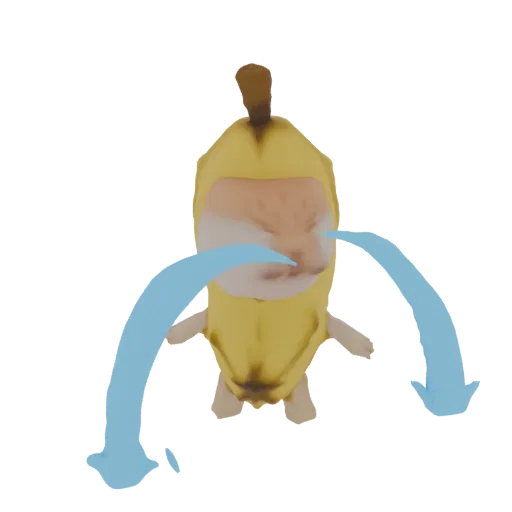 A 3D render of a cat wearing a banana costume, with large blue tears flowing from its eyes.
