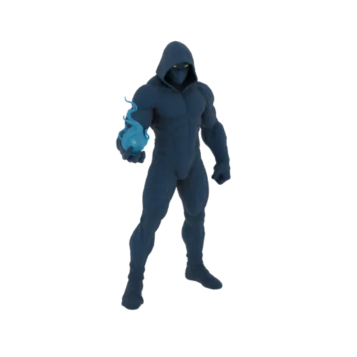 Modelo 3D de uma figura sombria e encapuzada com olhos amarelos brilhantes, segurando uma chama azul rodopiante na mão.