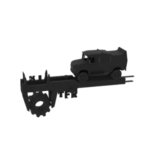 3D render of a black military truck on a black transport trailer with a gear detail on the front of the trailer.