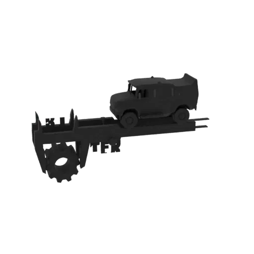 Rendu 3D d'un camion militaire noir sur une remorque de transport noire avec un détail d'engrenage à l'avant de la remorque.