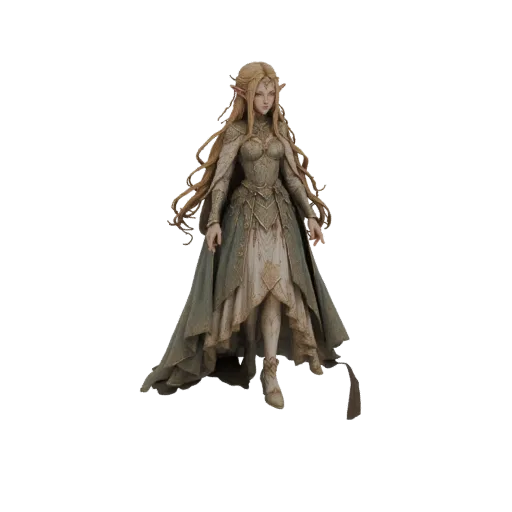 3D model of an elegant Elf Queen with long blonde hair, wearing an ornate green and gold gown and a flowing cape.