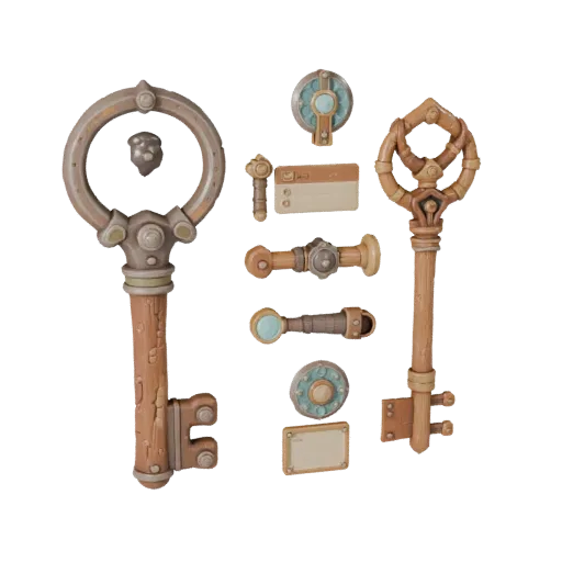Adventurer Loot Key Stylized 3D model, stylized isometric render, showing aged wood, clear pickup silhouette.