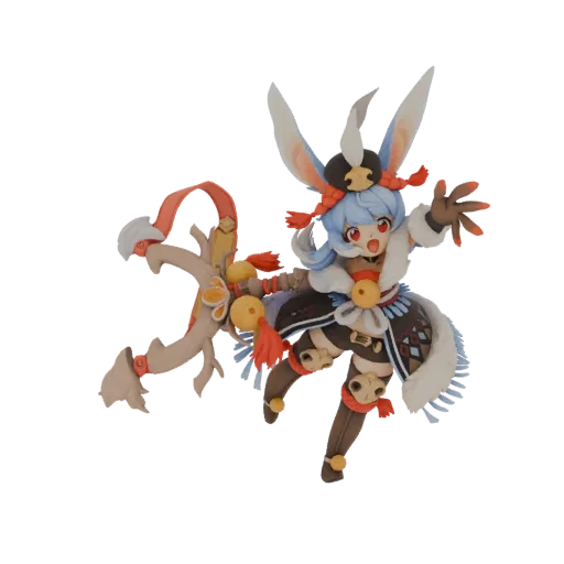 Modèle 3D d'une fille lapin mignonne style anime avec cheveux bleus, grandes oreilles et bâton décoratif, posée dynamiquement