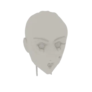 3D-Modell-Render einer blassen, glatten Skulptur eines Gesichts mit übertriebenen Zügen und schmelzenden Tropfen aus Augen un