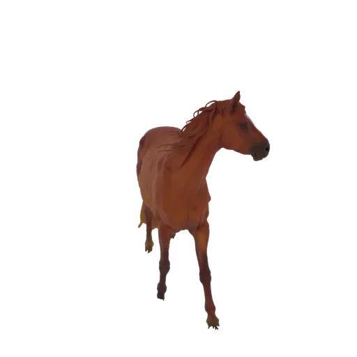 A 3D model of a brown horse captured in a dynamic galloping pose, with its mane flowing.