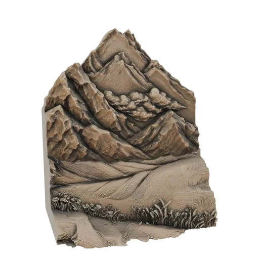 3D render of a detailed mountain landscape diorama with rocky peaks, clouds, and vegetation.