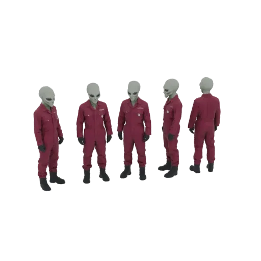 A 3D render of five grey alien figures wearing red jumpsuits, standing in various poses against a white background.