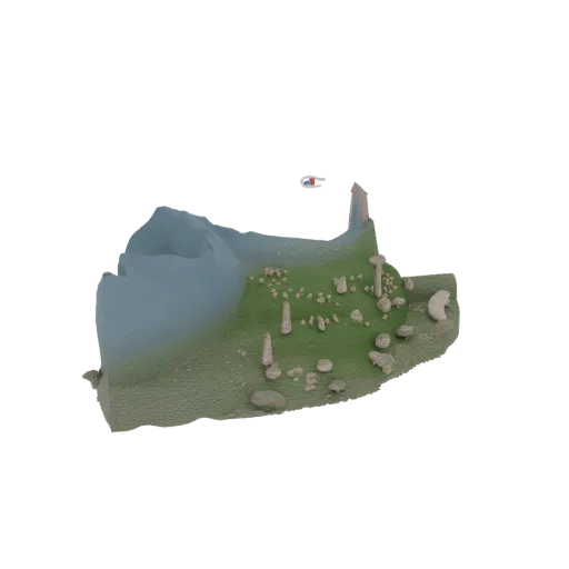 3D model of an ancient stone circle with standing stones and a central tower on a textured landscape.