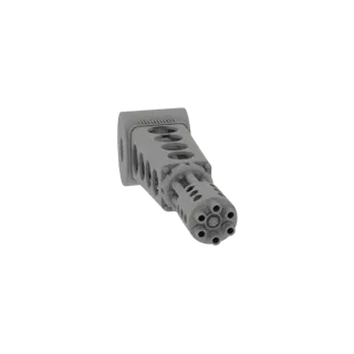 Modello 3D di un assemblaggio canna Gatling, che mostra canne rotanti multiple e un alloggiamento metallico grigio.