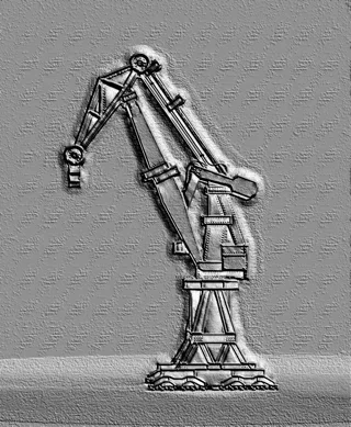 3D model of a port crane bas-relief in industrial style, with detailed construction and mechanical elements.