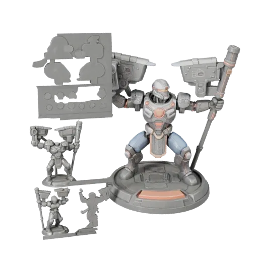 Aperçu du modèle 3D du produit Ensemble de Meeples Sci-Fi montrant l'échelle, vue studio trois-quarts