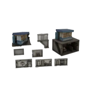 Modelo 3D de entrada modular de bunker com escadas e várias seções de cômodos internos, incluindo cabine, armazenamento e áre