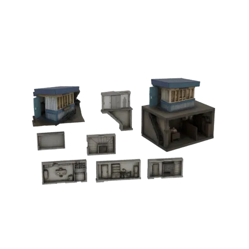 Modelo 3D de entrada modular de bunker com escadas e várias seções de cômodos internos, incluindo cabine, armazenamento e áre