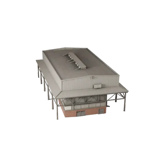 Modello 3D realistico di capannone industriale, vista esterna a tre quarti, che mostra materiali edili industriali e dettagli
