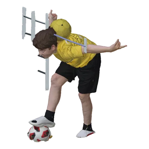 3D model of a boy in a yellow shirt balancing on a soccer ball with another ball on his head, arms outstretched.
