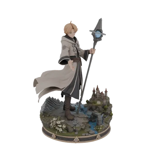 3D model of a fantasy mage with blonde hair, wearing a white and grey robe, holding a staff, standing on a diorama with a cas