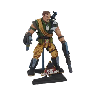 3D model of Kip Killigan action figure in military uniform, holding guns, with a display base.