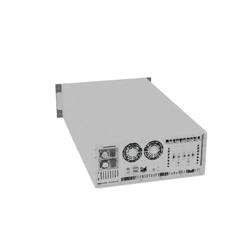3D model of a rackmount server, viewed from the rear, showing cooling fans and I/O ports.