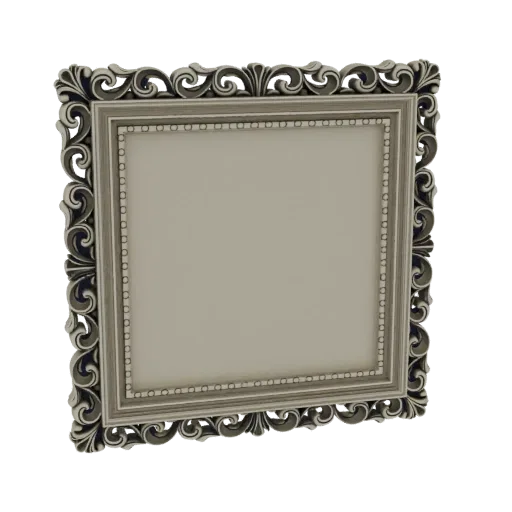 Uma renderização 3D de uma moldura barroca ornamentada com arabescos intrincados e um acabamento metálico vintage, exibida co