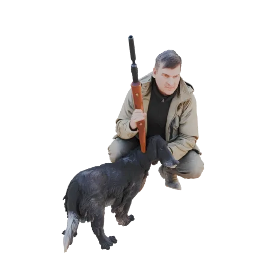 3D model of a hunter in a khaki jacket crouching with a rifle, while a dark, shaggy dog nuzzles his face.