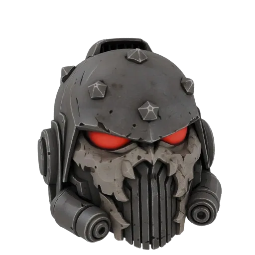 3D model of a dark, gothic warrior helmet with a skull face, glowing red eyes, and spiked metal plating.