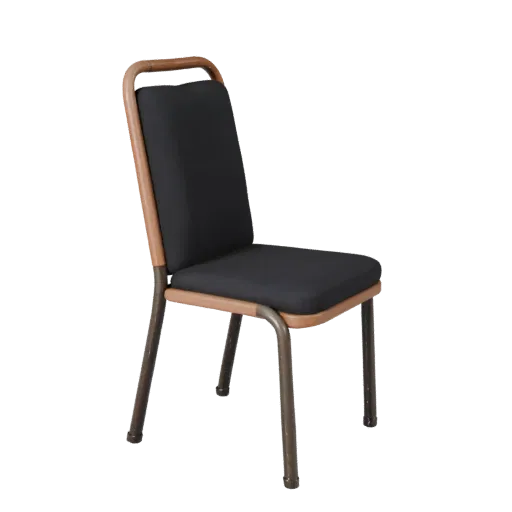 Industrial Dining Chair 3D model, dining room, three-quarter front view, Unity viewport, wood detail.