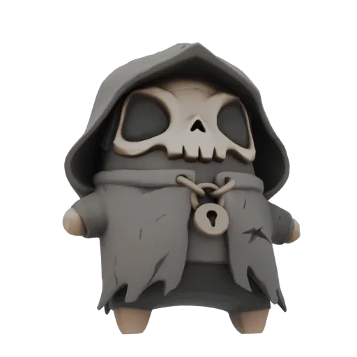 3D model of a cute Chibi Grim Reaper character wearing a grey hooded cloak and a lock and chain around its neck.