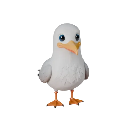 Cartoon Möwe 3D-Modell, Seitenansicht Wildtier-Rendering, stilisiertes Tier-Asset mit Federrichtung, Flügelklapplogik, Kralle
