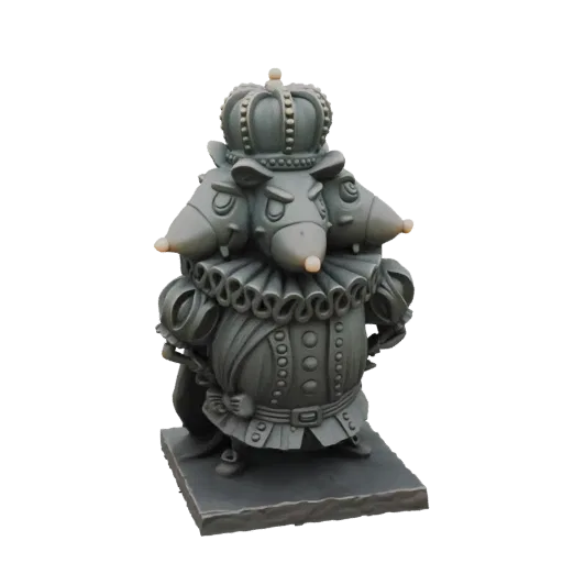 A grey 3D model of a three-headed rat king wearing a crown and a ruffled collar, standing on a base.