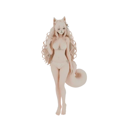 A 3D render of a cute fox girl character wearing a bikini, with long blonde hair and a fluffy tail, posed gracefully.