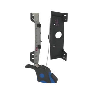 Modelo 3D de ferramenta de medição industrial com régua de metal, suporte de plástico preto e cabo enrolado, sobre fundo bran