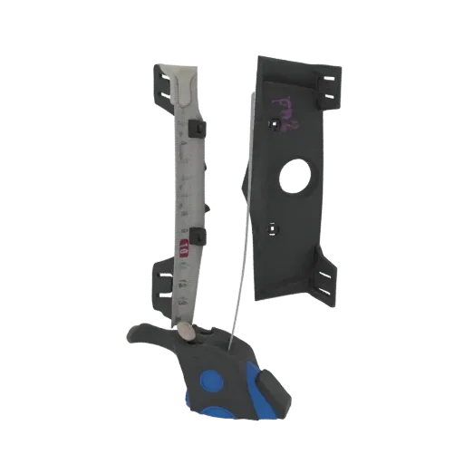 3D model of an industrial measuring tool with a metal ruler, black plastic bracket, and coiled cable, against a white backgro