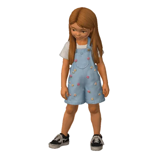 3D model of a young girl with light brown hair, wearing blue overalls and a white t-shirt, standing in a relaxed pose.