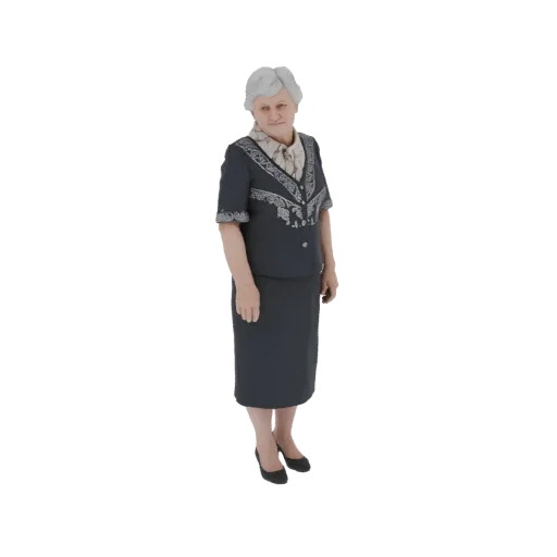 3D model of an elegant woman in a dark suit and patterned blouse, standing with a neutral expression.