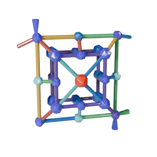 Modello 3D Low Poly Lattice Stile Cristallo, vista tre quarti del viewport di gioco, che mostra sfere colorate, layout moleco