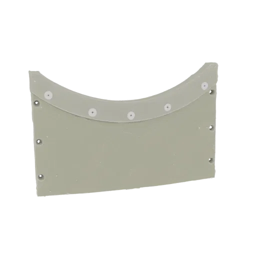 3D model of a curved mounting bracket with visible rivets along the top and sides, presented on a white background.