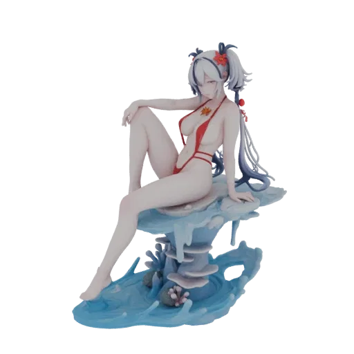 3D model of a girl in a red bikini sitting on a blue and white coral reef, with long blue-black hair.
