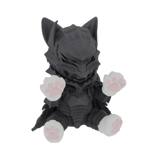 3D model of a dark knight cat plush with detailed armor and pink paw pads, sitting with paws raised.