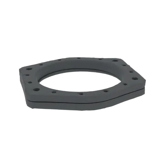 3D model of a grey industrial gasket flange with multiple bolt holes