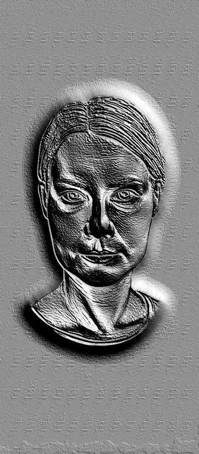Modelo 3D de bajorrelieve de rostro femenino estilo grabado, con rasgos expresivos y cabello detallado.