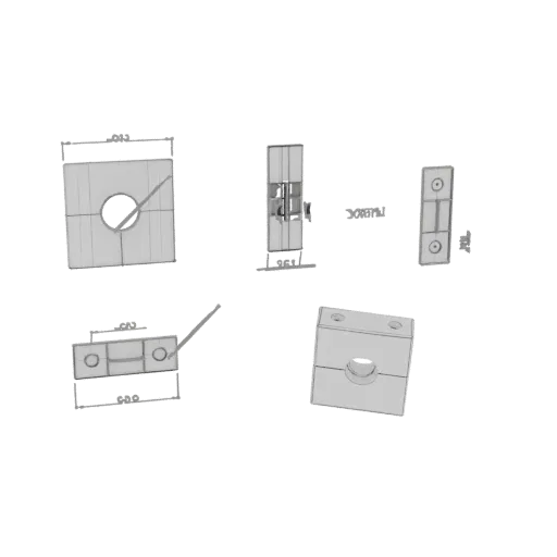 3D model render of a square clamp with a central hole and a visible bolt, presented from multiple angles.